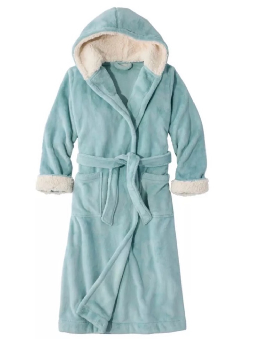 L.L. Bean Wicked Plush Hooded Robe in Light Teal with Cream Sherpa Trim